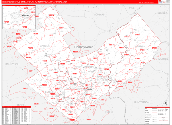 Allentown-Bethlehem-Easton Metro Area Zip Code Wall Map